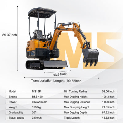 MS15PRO 1.5-Ton Mini Excavator – Briggs & Stratton 13.5 HP Gasoline