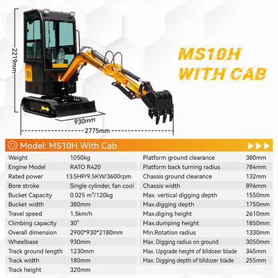 MS10H 1-Ton Mini Excavator with Cab – 13.5 HP Gasoline with Thumb Clip