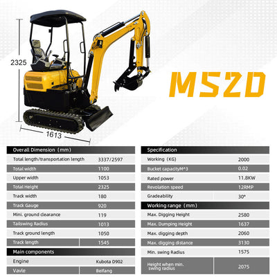 MS20 2-Ton Mini Excavator – Kubota Diesel Engine with Thumb Clip