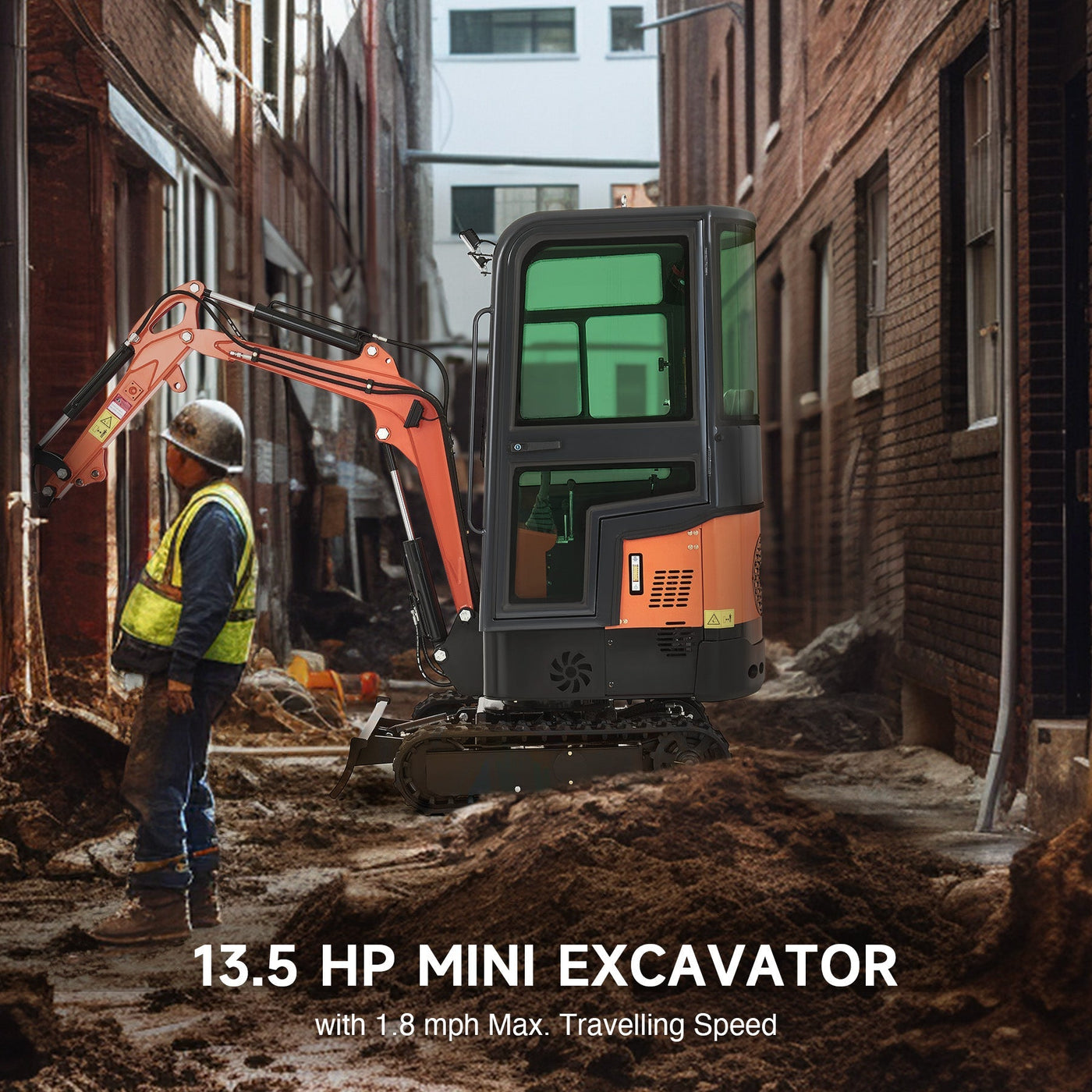 CREWORKS 13.5HP Mini Excavator 1 Ton Mini Crawler Excavator with Enclosed Cab