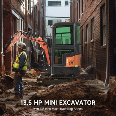 CREWORKS 13.5HP Mini Excavator 1 Ton Mini Crawler Excavator with Enclosed Cab