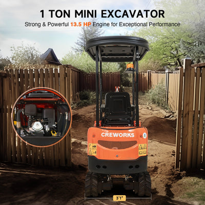 CREWORKS 13.5 HP 1 Ton B&S Engine Mini Excavator with 2586 lbf Digging Force