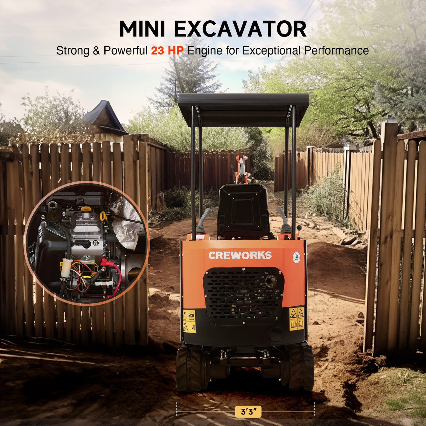 CREWORKS 23 HP 1.3 Ton B&S Engine Mini Excavator with 3262lbf / 14.5KN Digging Force
