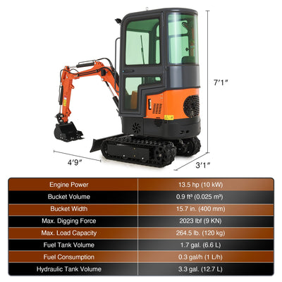 CREWORKS 13.5HP Mini Excavator 1 Ton Mini Crawler Excavator with Enclosed Cab