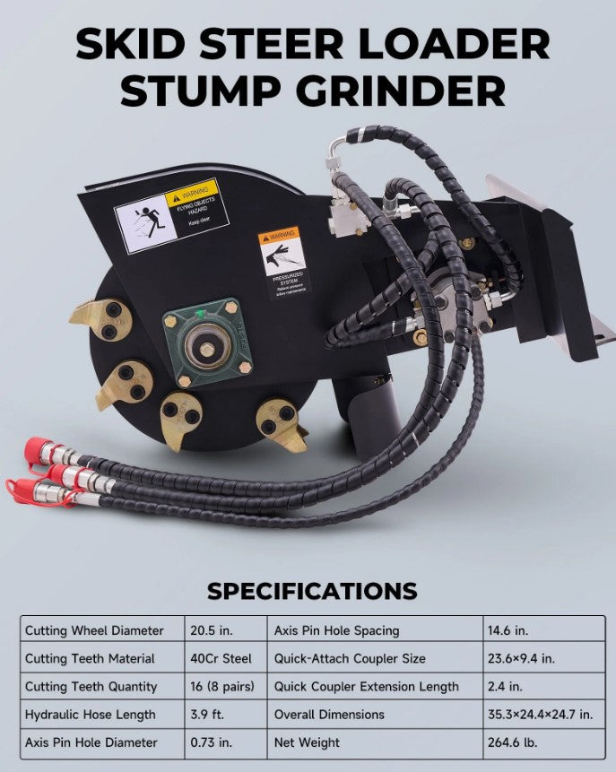 Stump Grinder Attachment for Mini Skid Steer Loader with 20.5" Cutting Wheel Universal Mount