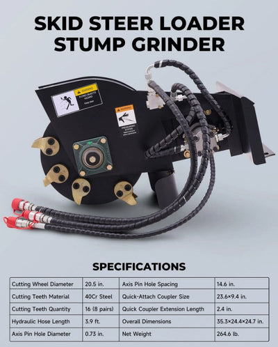 Stump Grinder Attachment for Mini Skid Steer Loader with 20.5" Cutting Wheel Universal Mount
